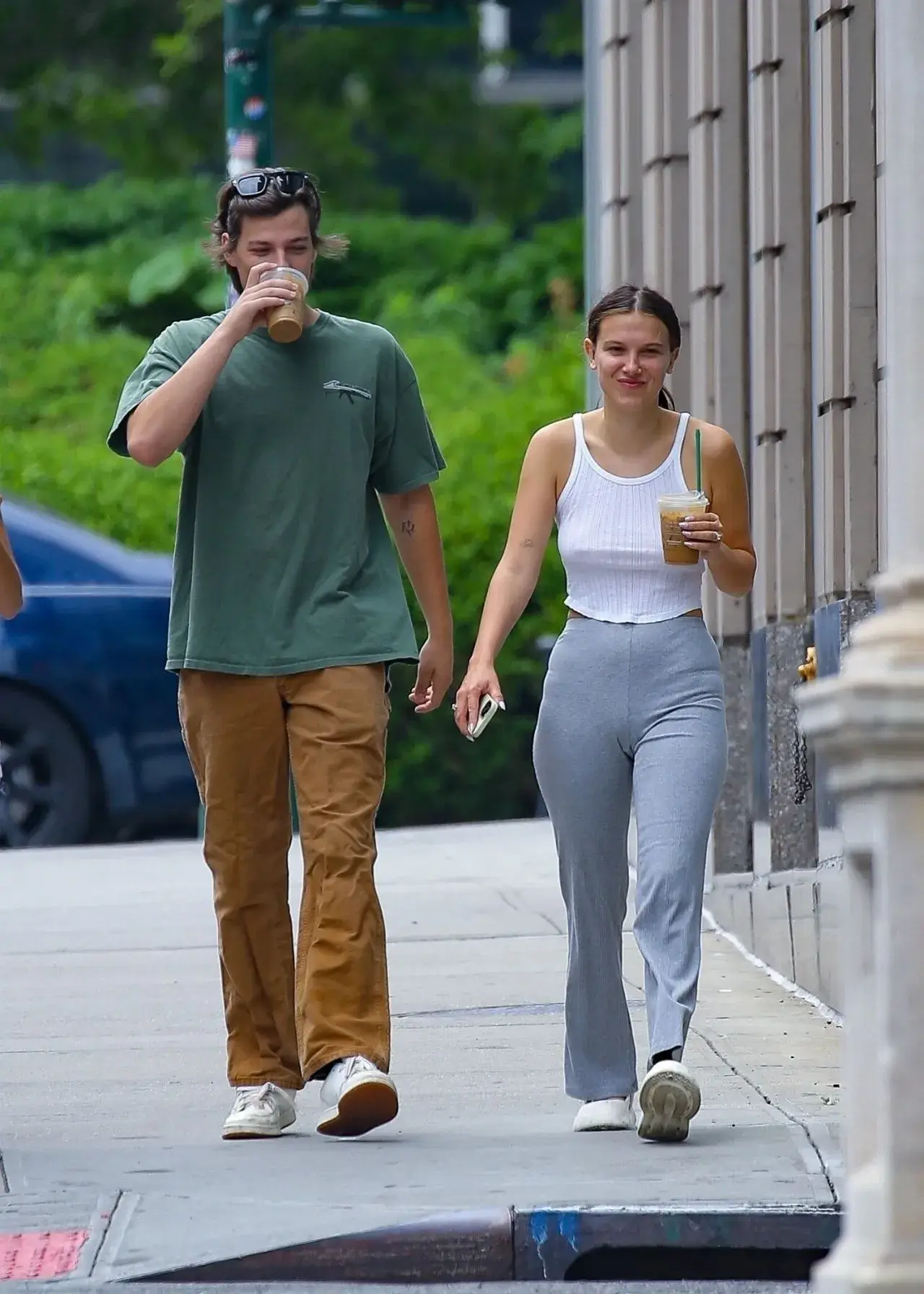 Millie Bobby Brown Stills in White Top Blue jeans in New York